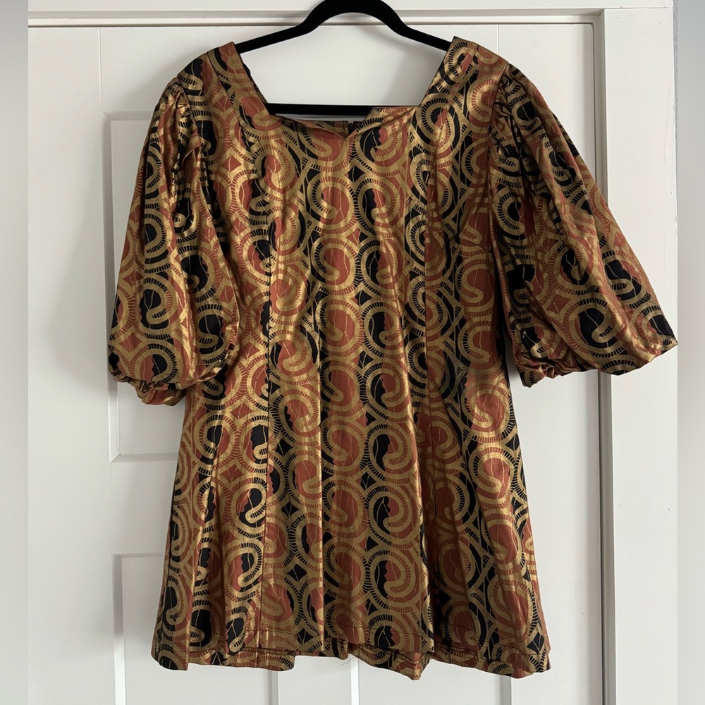 Vintage Patterned Puff Sleeve Mini Dress